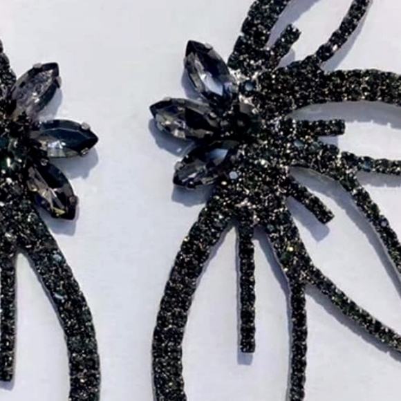 4 Inch Art Deco Black Abstract Flower Statement Earrings Crystal Butterfly Wings - Picture 3 of 7